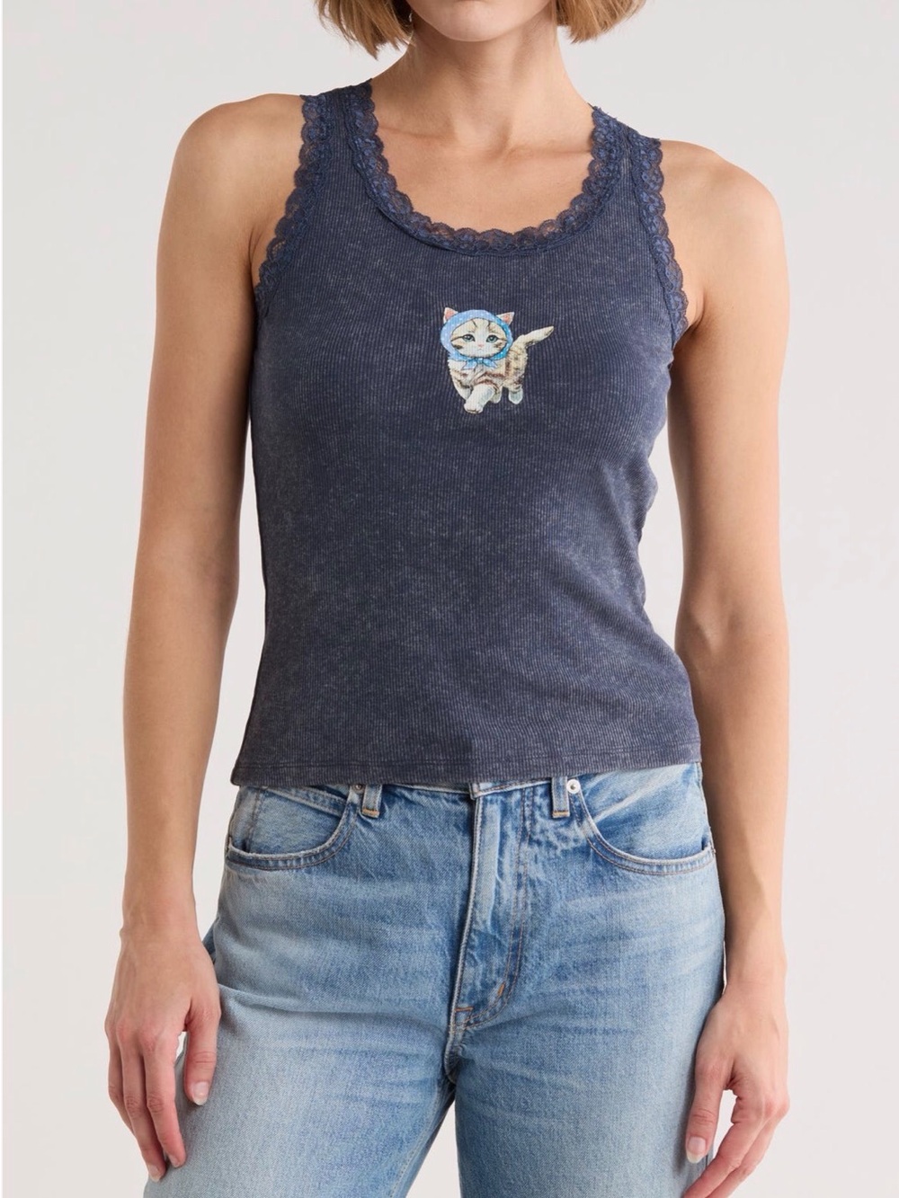 Vinyl Icons Glacier Blue Pretty Kitty Lace Tank